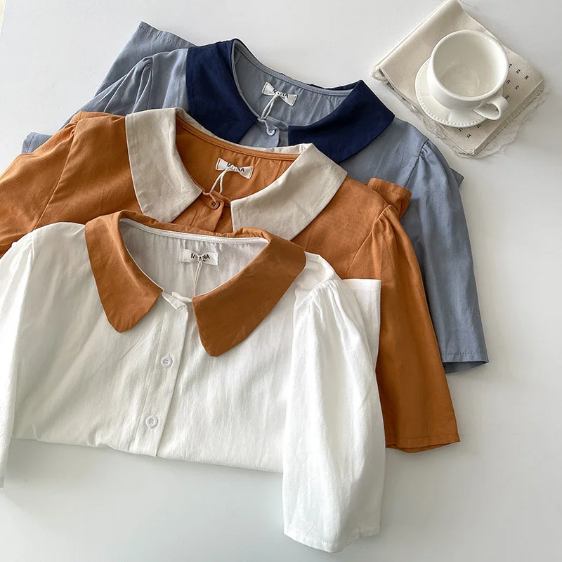

Fashion College Blouse Women Color Contrast Baby Collar Loose Shirt 2021 Summer New Korean Short Sleeve Shirts Tops