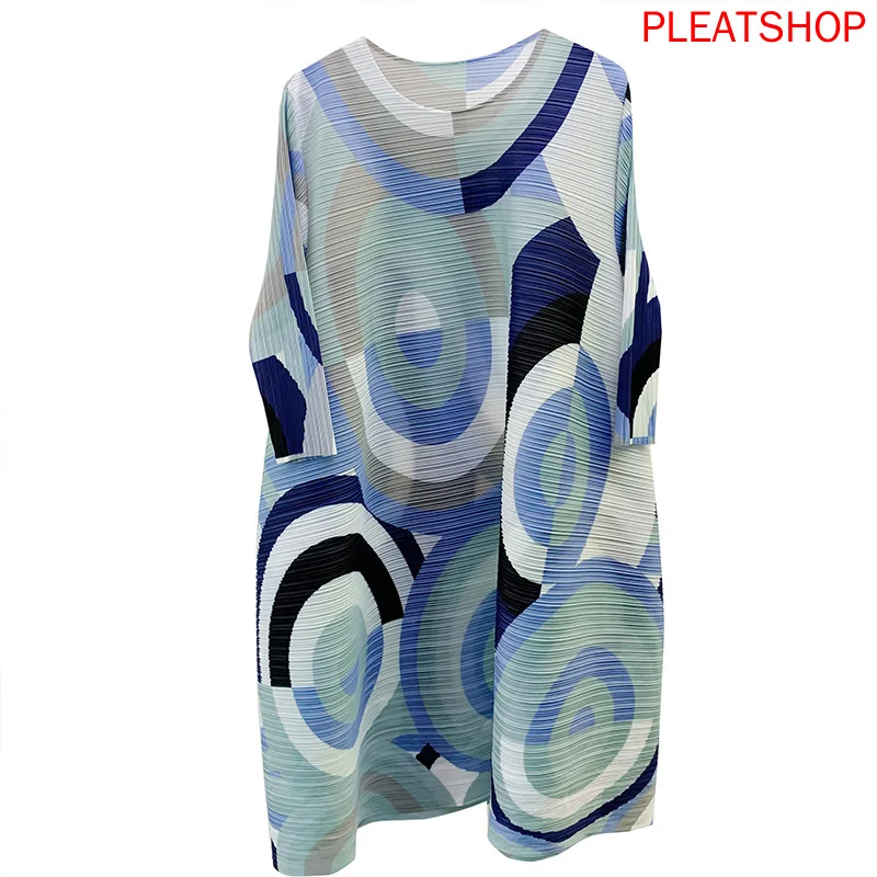 

MIYAKE Pleated Dress Women's Early Autumn New Style Printed Wide Version A- Line Pleated Bottom Vestido Medium-Length Dress