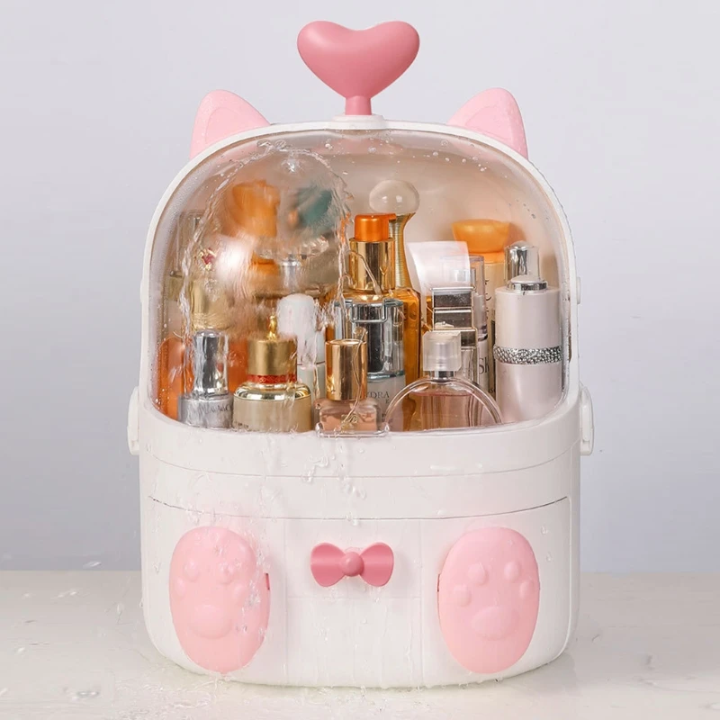 

In Stock Cat Shape Plastic Makeup Storage_Box Cosmetic Organizer Make Up Container Desktop Sundry Storage Case with Handle