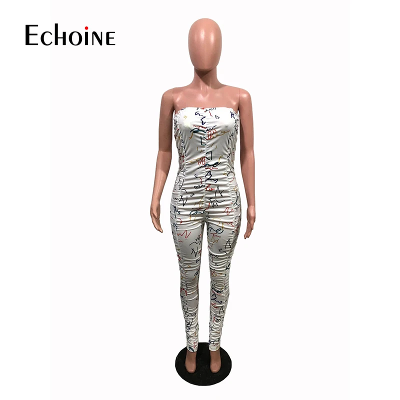 

Echoine Summer Women printing Jumpsuits Strapless Girl Sleeveless drape Street Rompers Sexy Night Club Party Bandage Outfits