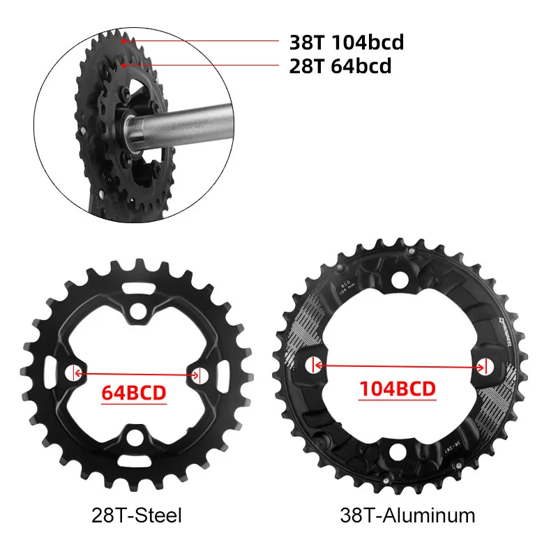 

PROWHEEL Chainring 64BCD 104BCD MTB Bicycle Sprockets Double Chainwheel 26T 28T 36T 38T Mountain Bike crankset Tooth plate Parts