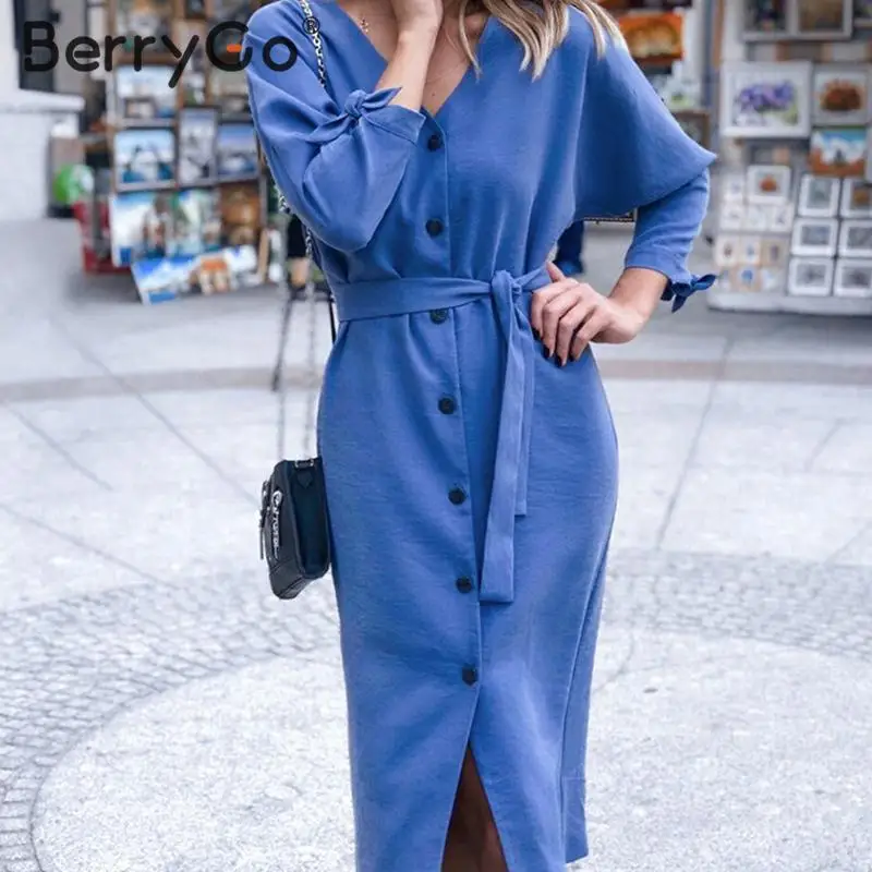 BerryGo элегантное однотонное длинное платье для женщин Осеннее однобортное с