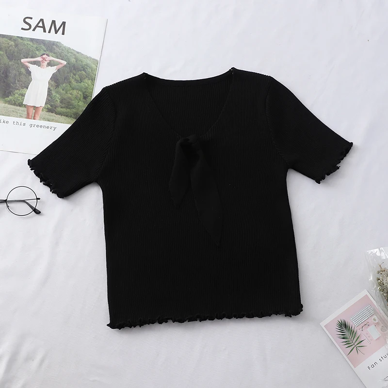 Кардиган женский однотонный вязаный с бантом коротким рукавом| |