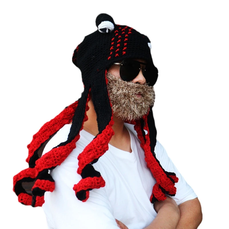 

Cartoon Long Tentacle Eyes Wool Hat Crochet Octopus Beard Hat Knitted Hat for Christmas Halloween Cosplay Party Props DXAA