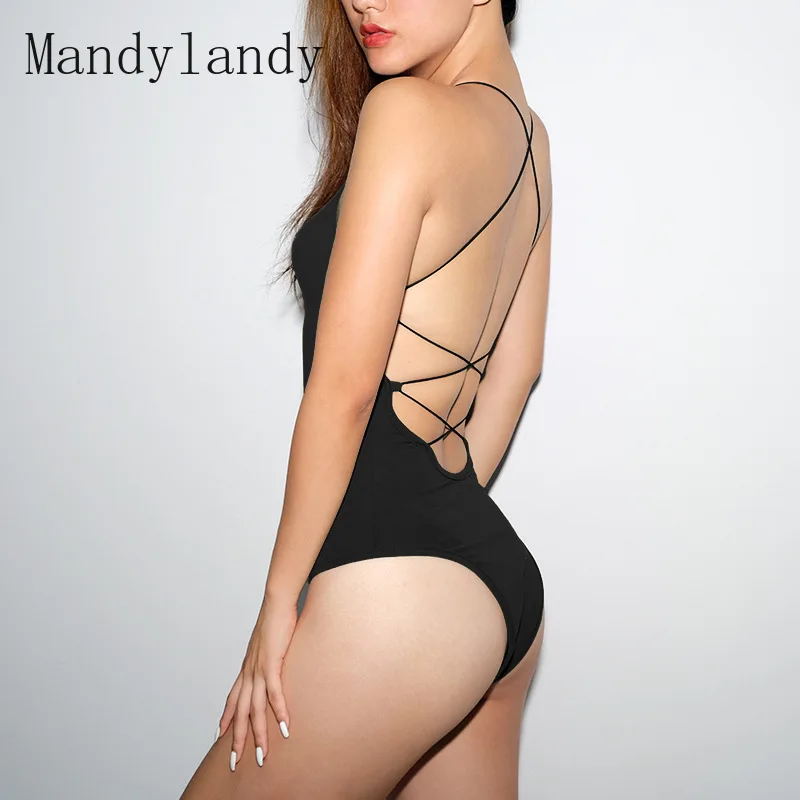 

Mandylandy Spaghetti Strap Bodysuits Women's Casual Backless Bandage Solid Color Slim Bodysuits Summer Sexy O-Neck Bodysuits