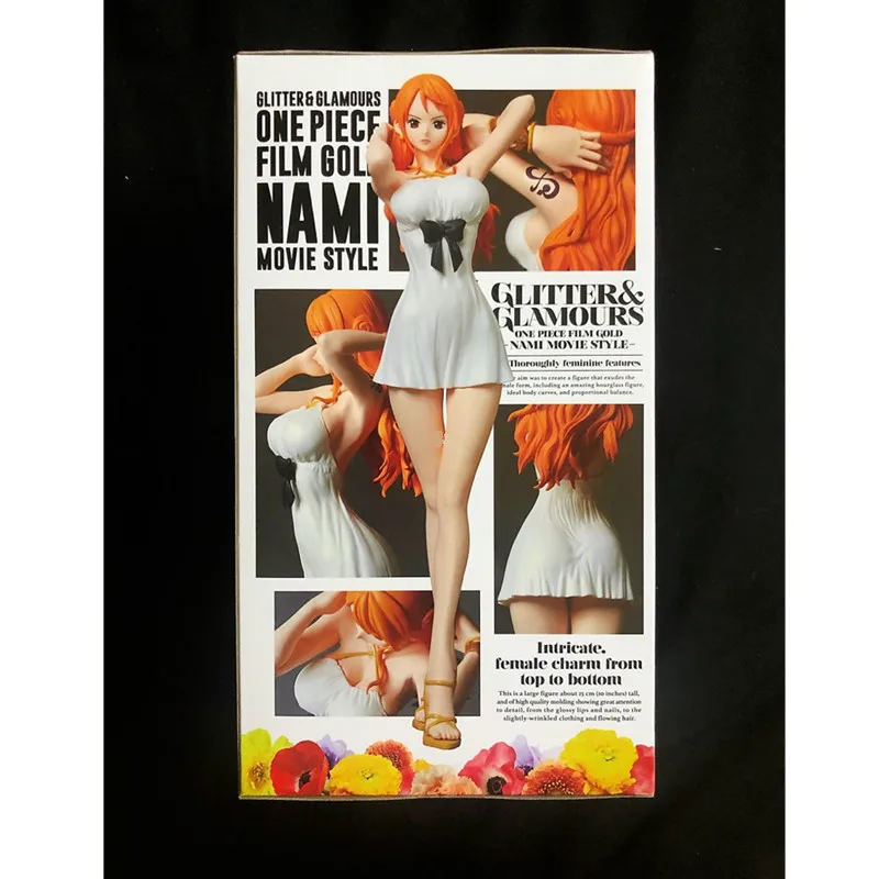 

9" One Piece Nami Anime Sexy Figures White Dress Charm Girl Golden Cat Sticker Original PVC Action Figure Toy BOX 24CM Q377