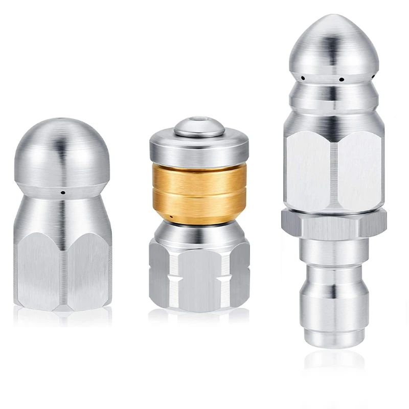 

3 Pcs Sewer Jetter Nozzle 1/4" Pressure Washer Rotating Button Nose Quick Connector Stainless Steel Fixed Sewer Nozzle