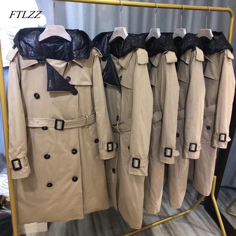 

FTLZZ 90% White Duck Down Long Parkas Winter Women Hooded Jacket Warm Double Breasted Windbreaker Coat With Belt Snow Outwear