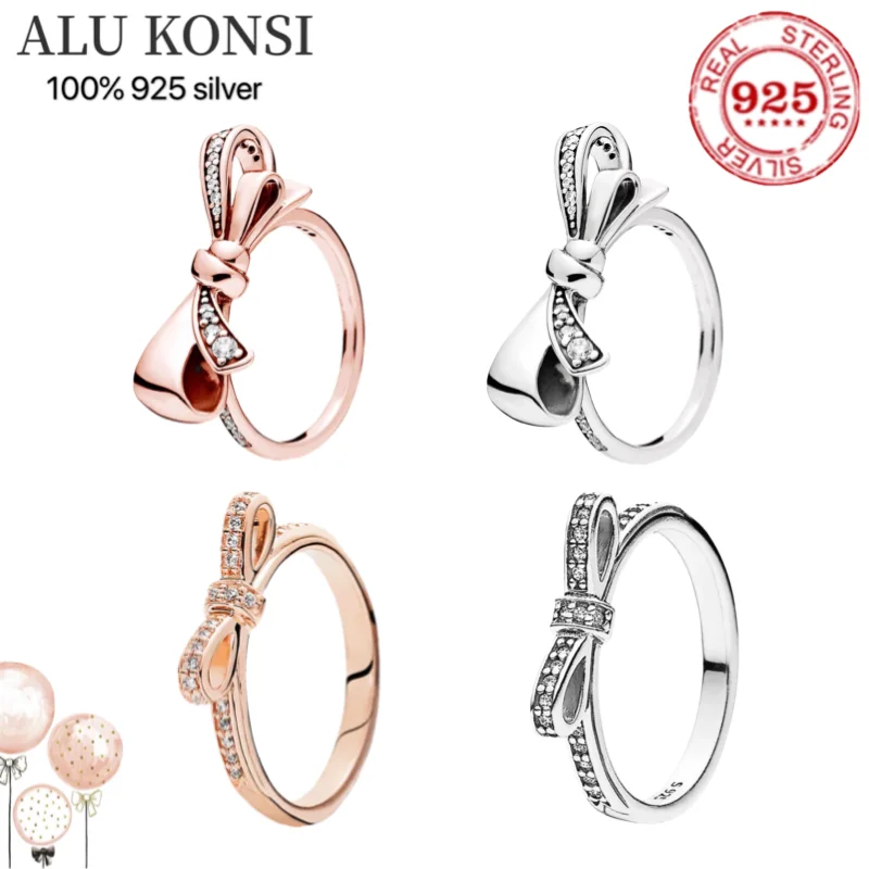 

Fit Origina luxury Real 925 Sterling Silver pan ring For Women crystal bowknot princess couple rings DIY fashion wedding Jewelry