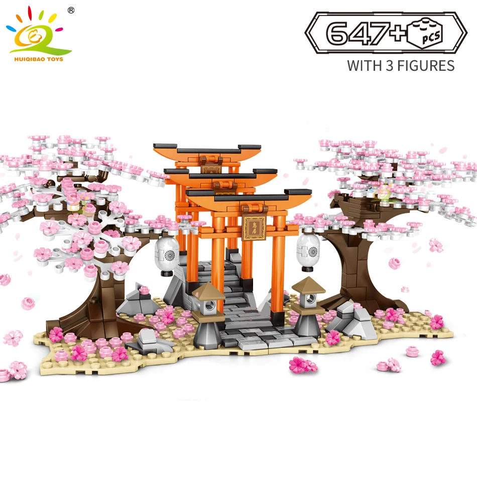 HUIQIBAO 647 шт Вишневый цветок фестиваль Shrine Torii улица вид город строительные блоки