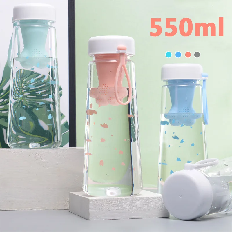 

550ML Sports Water Bottle Creative Cute Cat Claws With Tea Filter Plastic Cup Kawaii Cherry Blossoms Portable Leakproof for Girl