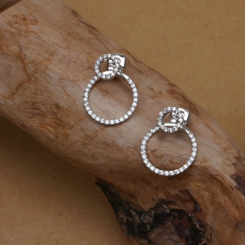 

New Luxury Double Circle Ear Stud Silver Needle and Rhinestone Earings for Women Lady Anniversary Gift Jewelry Wholesale