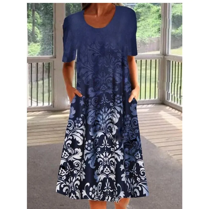 

Платье женское средней длины с цветочным принтом, повседневный свободный сарафан с полурукавами, с карманами, пуловер с круглым вырезом, на ...