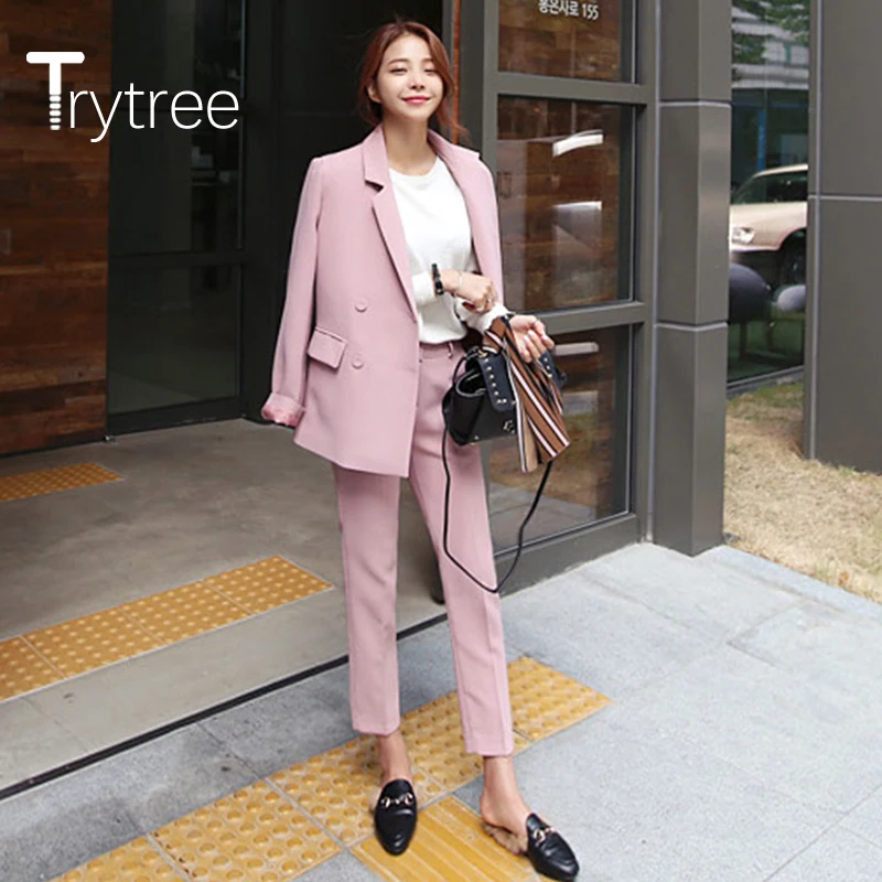 

Trytree 2020 Summer Women Two Piece Set Casual Turn-down Collar Double Breasted Tops + Pants Solid Button Suit Set 2 Piece Set