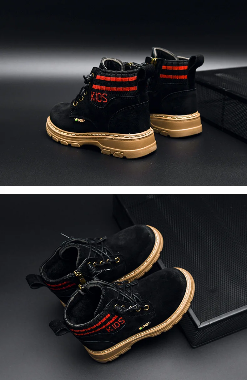 

2020 New High-top Big Children's Leather Boots Winter Plush Boots Warm Thick Wild Boys Kids Boots Outdoor Student Non-slip Shoes
