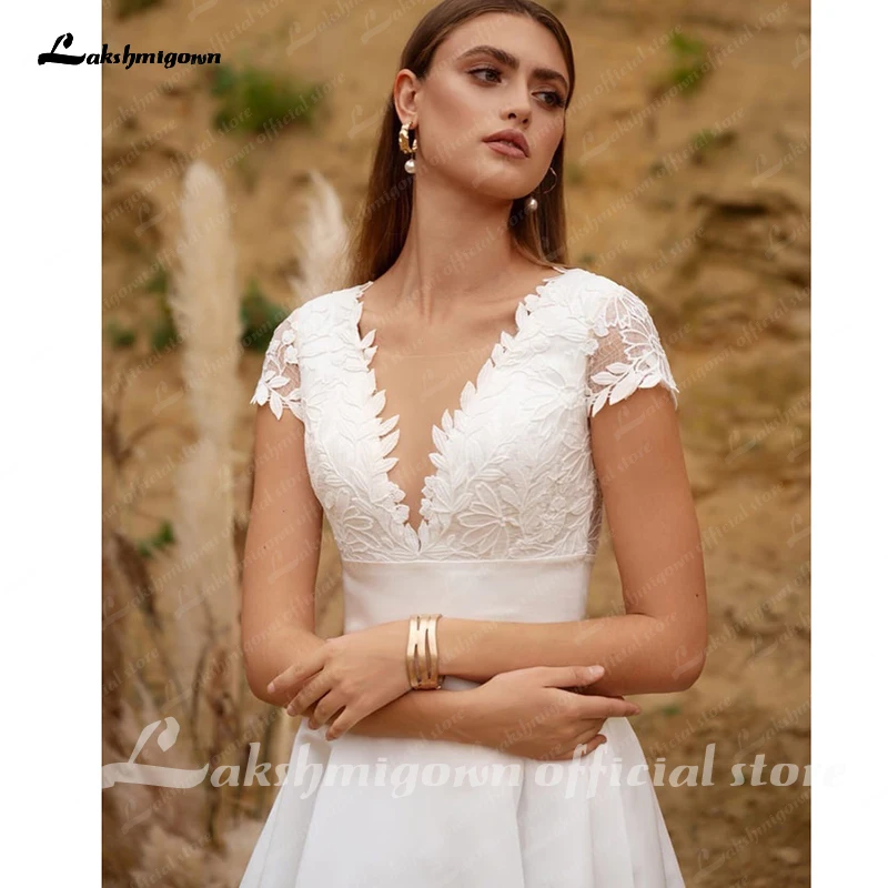 

Robe Mariage 2021 Chic Lace Top Boho Bridal Wedding Dresses Open Back Summer Satin A-Line Bohemian Wedding Dress