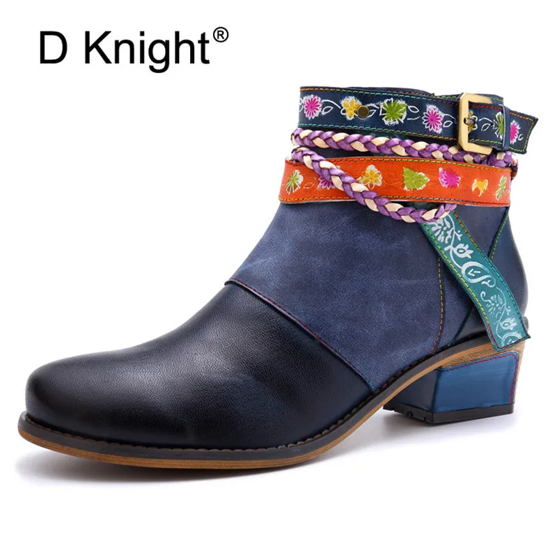 D Knight Winter Booties Vintage Women Boots Genuine Leather Low-Heeled Shoes Round Toe Shoe Fashion Ladies Ankle Boots For Women