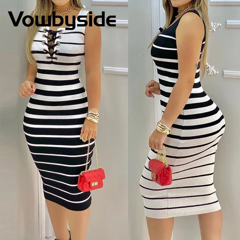 

Striped Print Colorblock Eyelet Lace Up Bodycon Dress Women Summer Dress