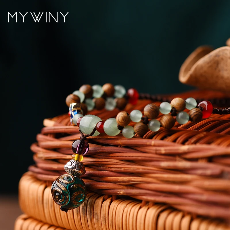 MYWINY Old Fashion nature stones ethnic Anklets vintage Manual coloured glaze handmade braided exotic jewelry | Украшения и