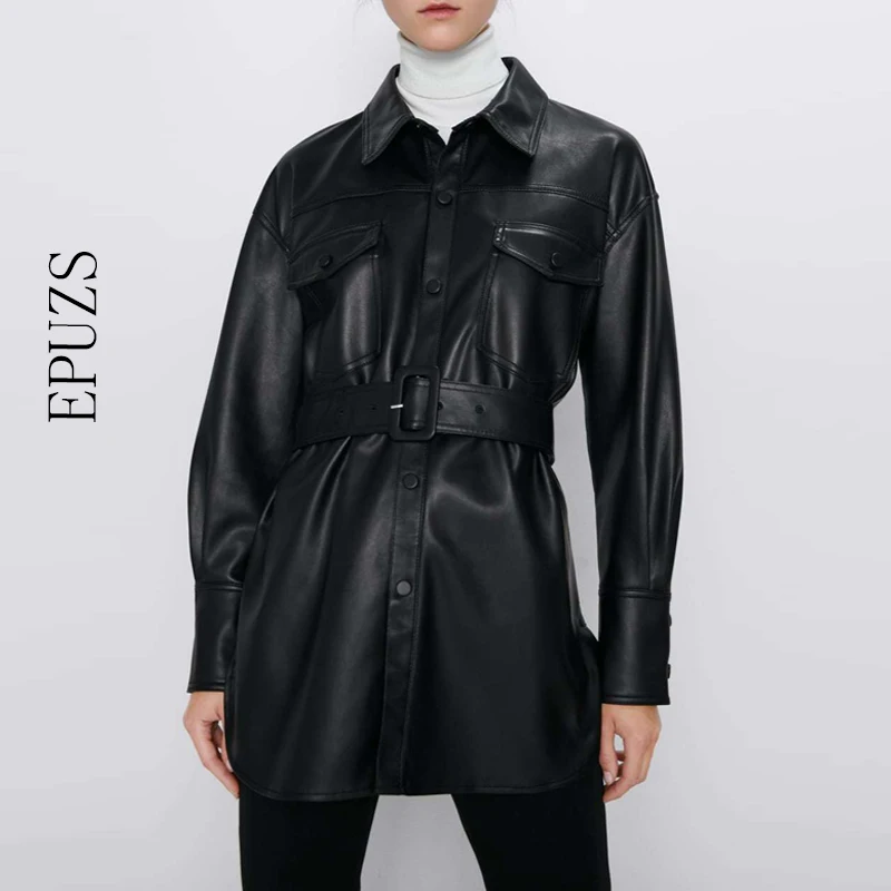 Женская мотоциклетная куртка из искусственной кожи Черная байкерская с поясом в