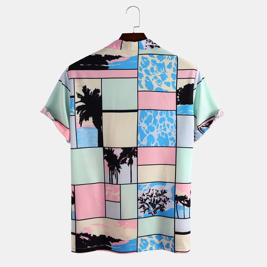 

Mens Pink Plaid Shirt Abstract Printing Short Sleeve Color Block Casual Beach Holiday Shirts chemise homme