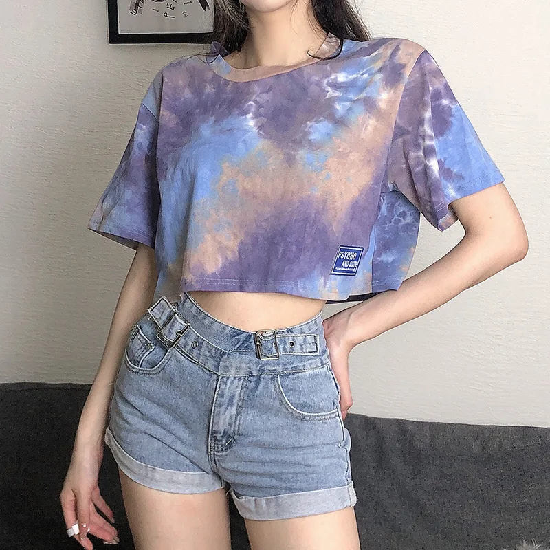 

2021 Summer European and American Fashion Sky Blue Tie-Dye Top Sexy Loose Navel Crew Neck Contrasting Short T-shirt