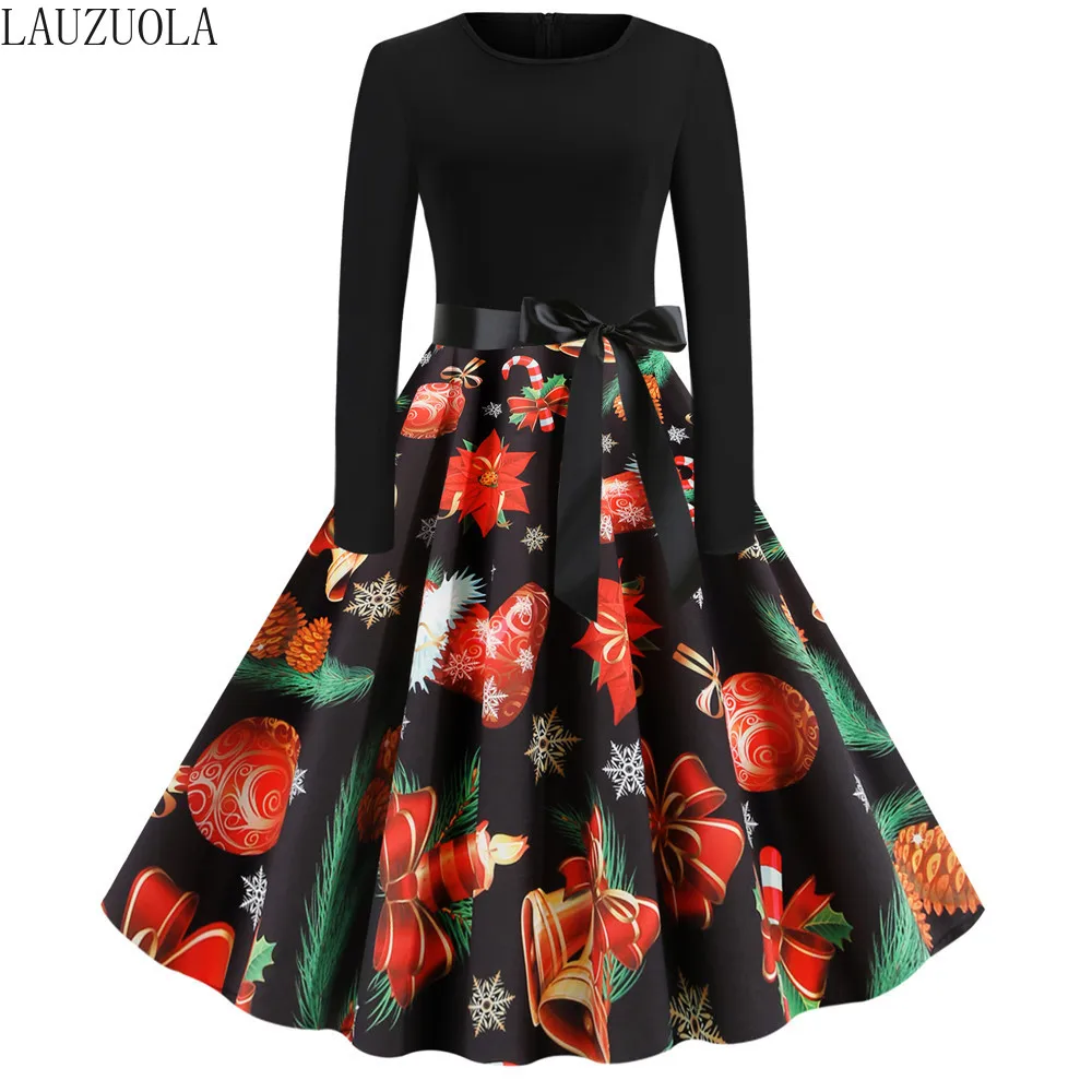 Robe noel femme зимние платья для женщин с длинным рукавом и принтом Винтаж Pinup рокабилли Год Вечерние Платье на День святого Валентина Черный Vestido 3XL