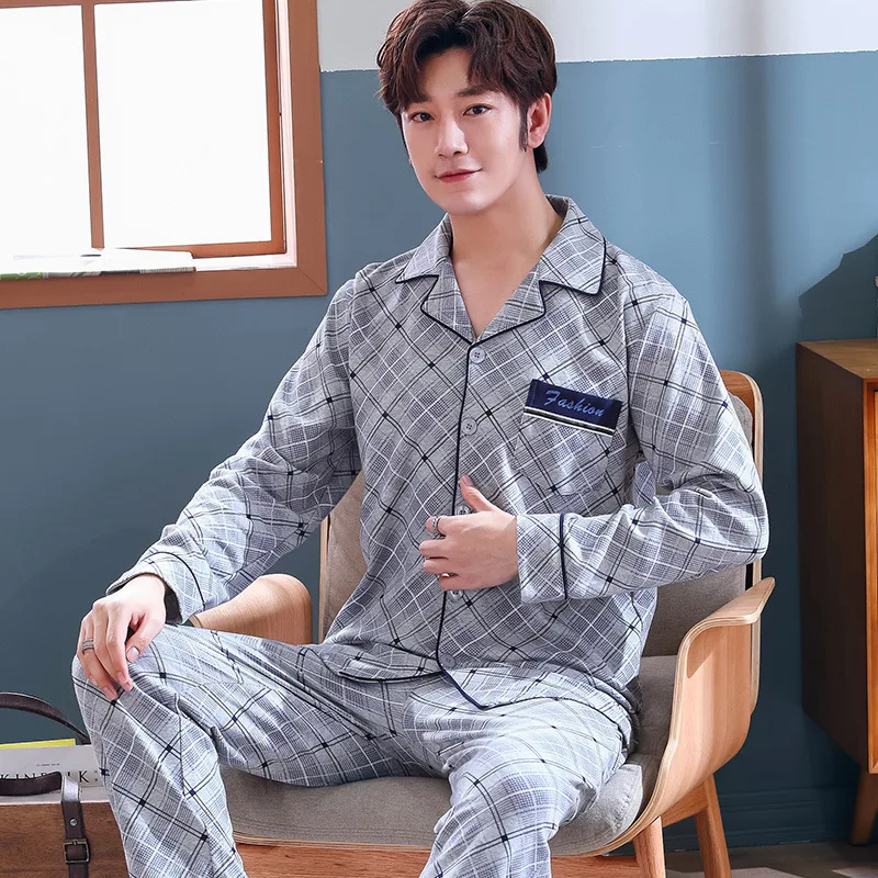 

Pajamas for male long sleeve cotton lapel cardigan for male spring and autumn loose-fitting large size male spring and autumn ho