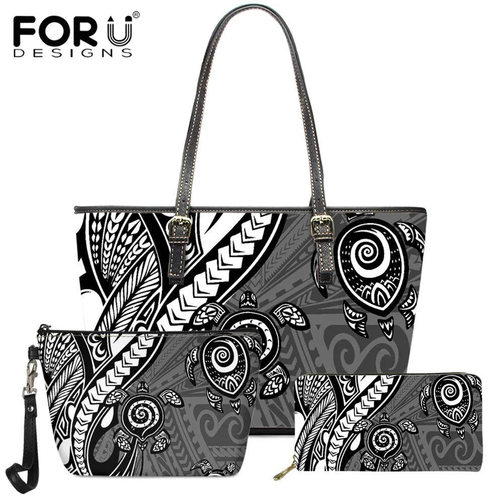 

FORUDESIGNS Women's Top-handle Bags Polynesian Tribal Tortoise Prints Handbags Casual Ladies Handbags Wallet and Makeup Bags Set