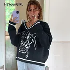 Вязаный свитер HEYounGIRL в стиле преппи, Женский Повседневный осенний джемпер с V-образным вырезом, Женский пуловер с принтом, трикотажная одежда, 2021
