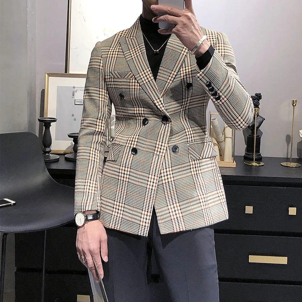 Double Breasted Blazers Mens Plaid Fashionable Jackets For Mens Gentlemen 2021 British Style Check Blazers Mens Americana Hombre