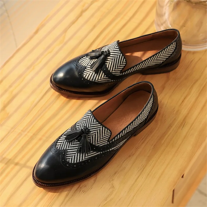 

New Spring/Autumn Women Pumps Pointed Toe Fashion Tassel Low Heel Leather Women Shoes Retro Brogues for Ladies Female Loafers