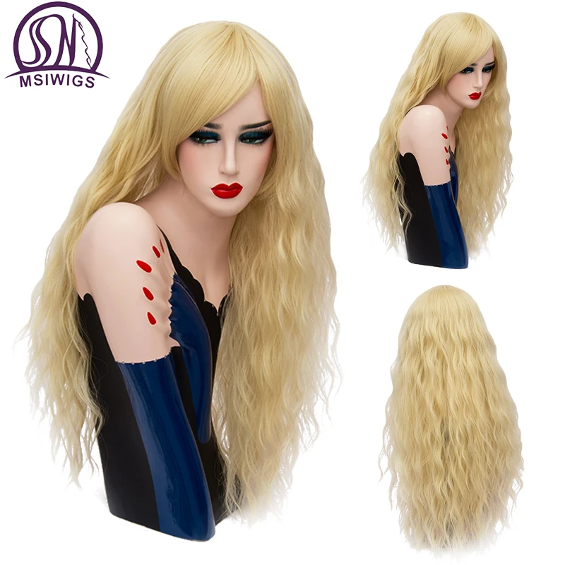 

MSIWIGS Women Side Bangs Long Lolita Wig Synthetic Cosplay Orange Curly Heat Resistant Hair Wig Blone Pink Purple Blue hairpiece