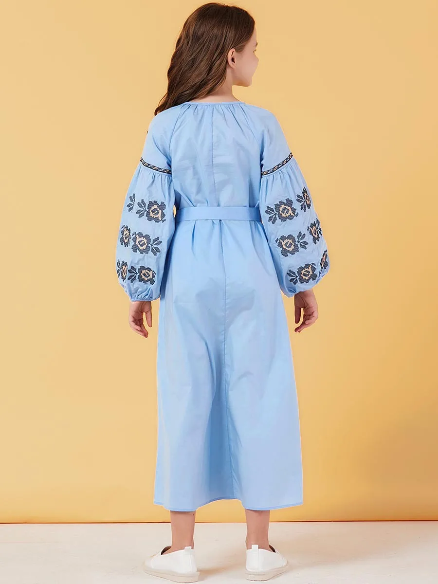 Teenage Girl Princess Embroidery Long Dress with Belt Sleeve Light Blue Maxi Muslim Girls Casual Clothing | Детская одежда и обувь