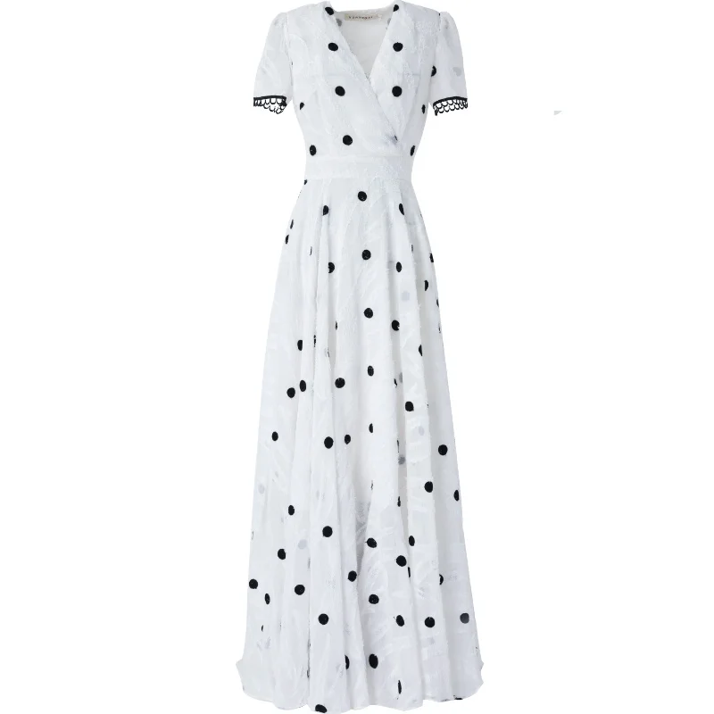 

Summer New Women's Fashion Polka Dot V neck Short-sleeved High-waist white Big Swing Long Dress