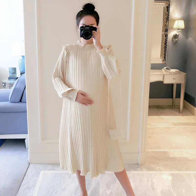

Maternity wear early spring chiffon solid color fashion loose large size mid-length pleated dress