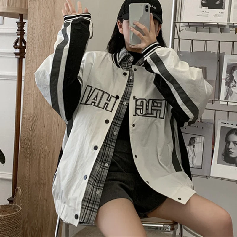 

Женская бейсбольная куртка с вышивкой в виде букв, белая бейсбольная форма из двух частей в стиле преппи, стиль Харадзюку, повседневная женс...