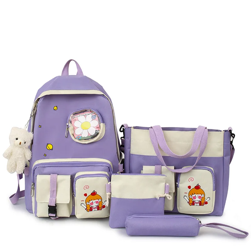 

5pcs/set korean style school backpack for girls flower back pack student rucksack school bag set cute backpack female bookbag