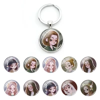 disney cute cool princess glass round cartoon pendant keychains accessories decoration handbag girls women gifts wholesale qgz95