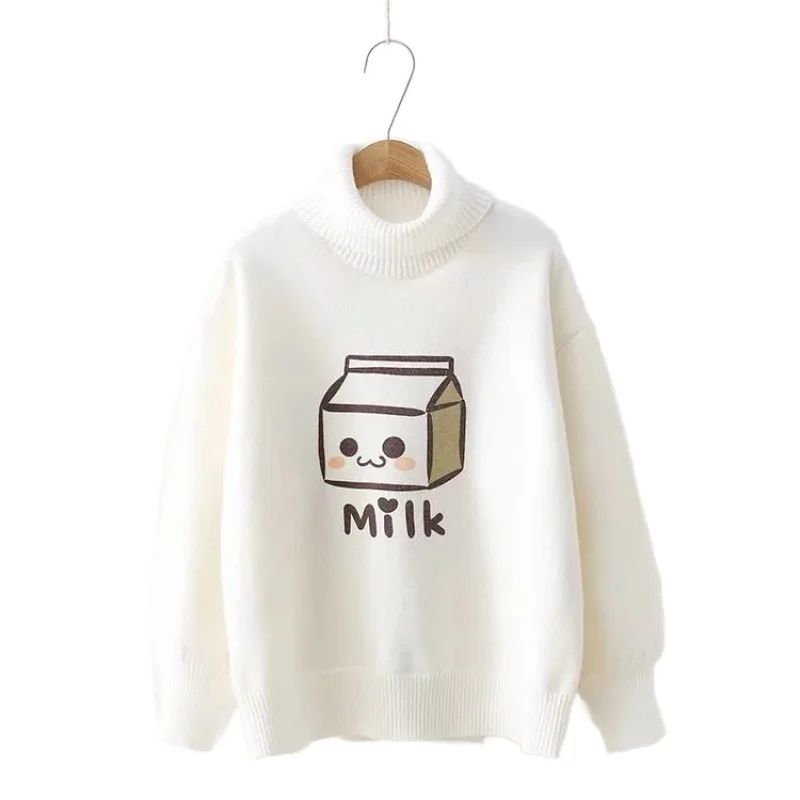 Autumn Winter Sweater Women Students Loose Cartoon Milk Box Print High Neck Harajuku Pullover Warm Sweet Sweaters Girl  2058665