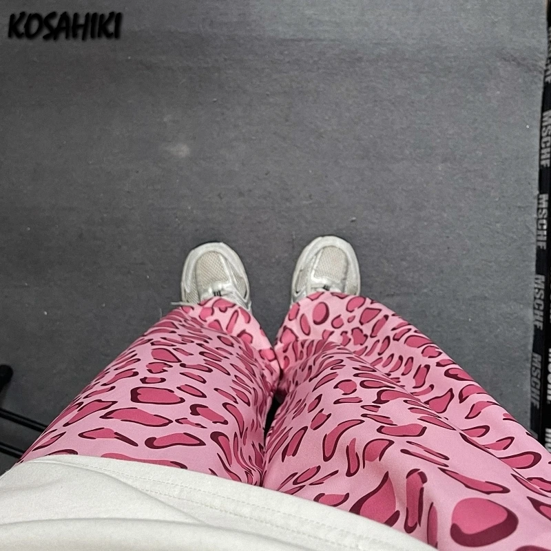 

KOSAHIKI Pink Leopard Print Pants Women Summer Casual Loose Elastic High Waist Trousers Femme Harajuku Fashion Streetwear