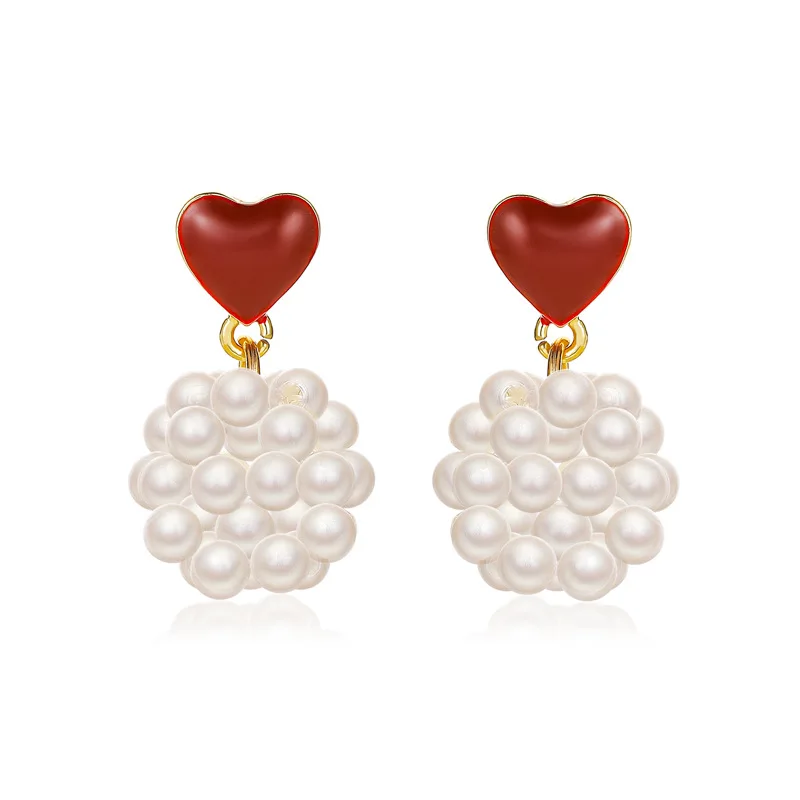 

Alloy Lovely Drop Oil Pearl Women's Earrings Korean Style New Sweet Temperament Heart Hollow Pearl Earrings Ornament Wholesale
