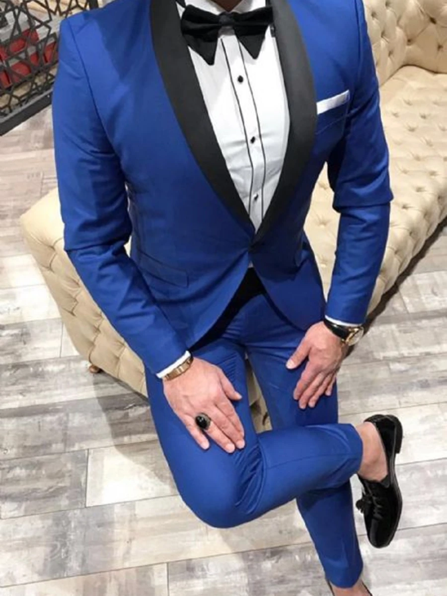 

New Royal Blue One Button Groomsmen Shawl Lapel Groom Tuxedos Men Suits Wedding/Prom Best Man Blazer ( Jacket+Pants+Tie)