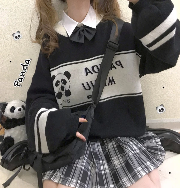 Panda Convenient Store Winter Women's Knittd Sweater Warm O-neck Long Sleeve Pullovers Sweet Cute Black & Yellow | Женская одежда