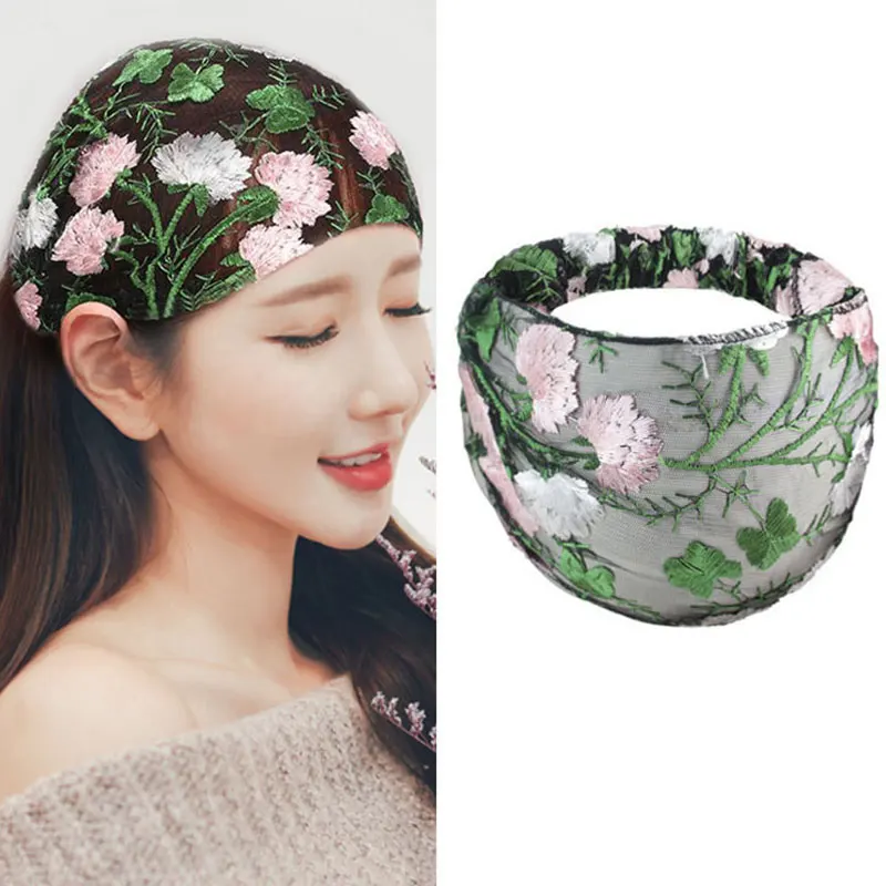 

Embroidery Lace Flower Women Wide Headband Washing Face Hairband Vintage Handmade Headwrap Stretch Headband Hair Accessories new