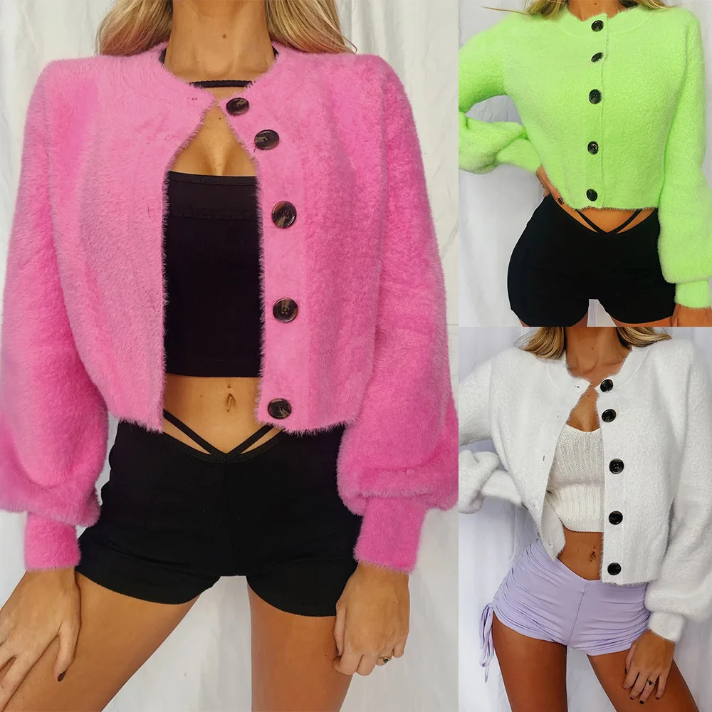 

2020 Winter coat winter short flannel lantern sleeve cardigan coat O-Neck Fashion Popular Cardigan coat