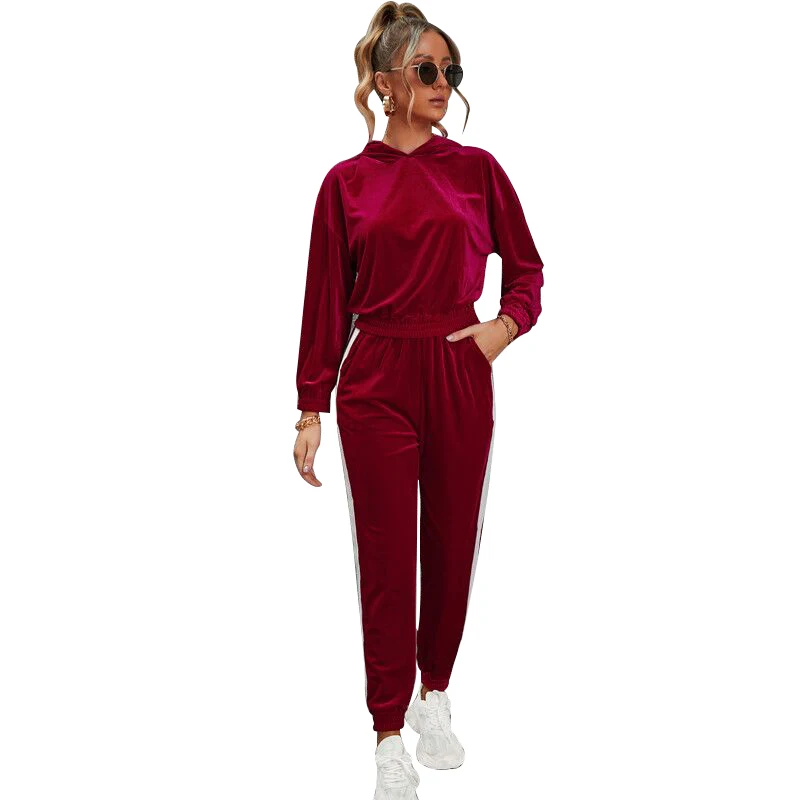 

Бархатный спортивный костюм, женский комплект, толстовка с капюшоном, топы, наряды на весну и осень, модные повседневные спортивные комплек...