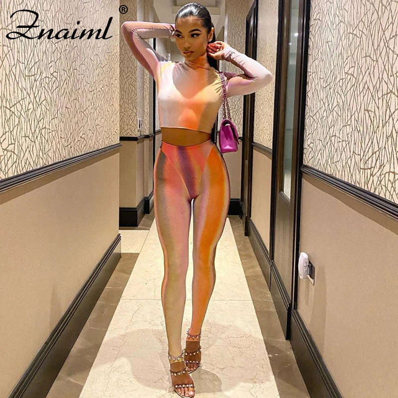 

Znaiml Rainbow Print Stripped Patchwork 2 Pieces Set women Long Sleeve Crop Top Leggings 2021 Summer Streetwear Matching Sets