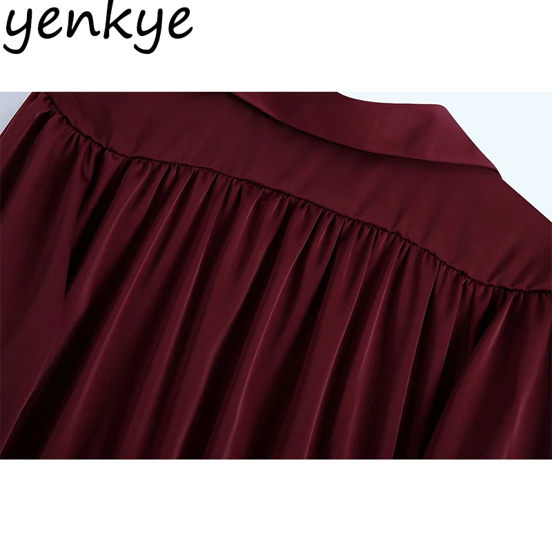 

New Fashion Women Vintage Wine Red Midi Dress Long Sleeve Lapel Collar A-line Casual Satin Dress Spring Autumn Vestido