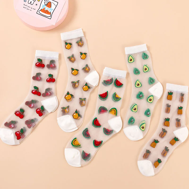 

[SOPLCAALCK]Thin Transparent Funny Socks Women Fruit Avocado Watermelon Pineapple Creative Korean Skarpetki Glass Lace Sokken